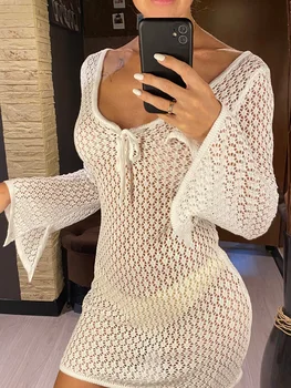 V Neck Long Sleeve Hollow Out Crochet Knitted Tunic Beach Cover Up Cover-ups Beach Dress Beach Wear Beachwear Female Women V6081 1