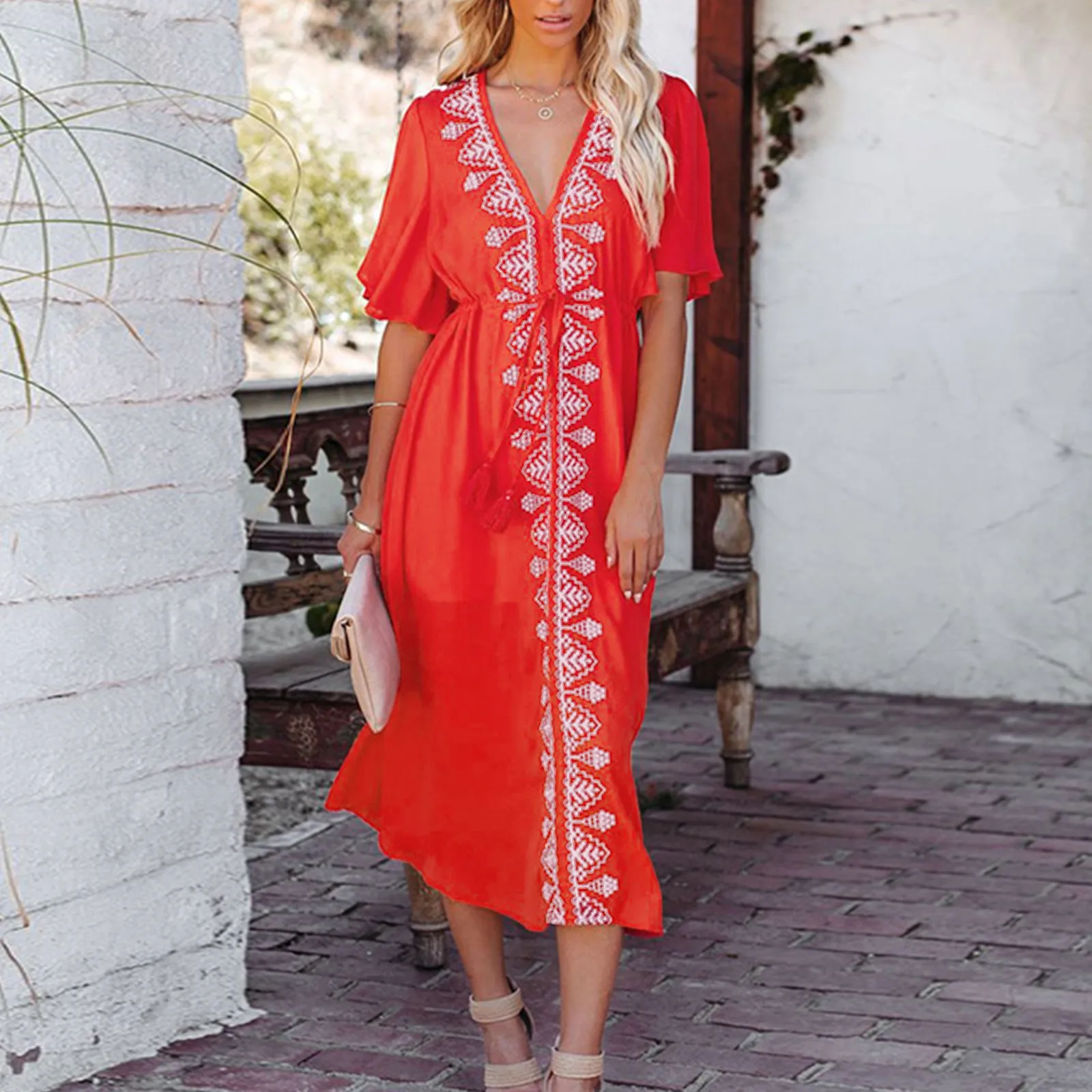 

2024 Indie Folk Lace Up Dress Women Summer V-Neck Batwing Sleeve Beach Dress Tunic Boho Style Printed Beachwear Dress Robe