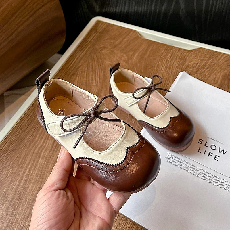 Leather Girls School Shoes with Bowknot for Spring Autumn