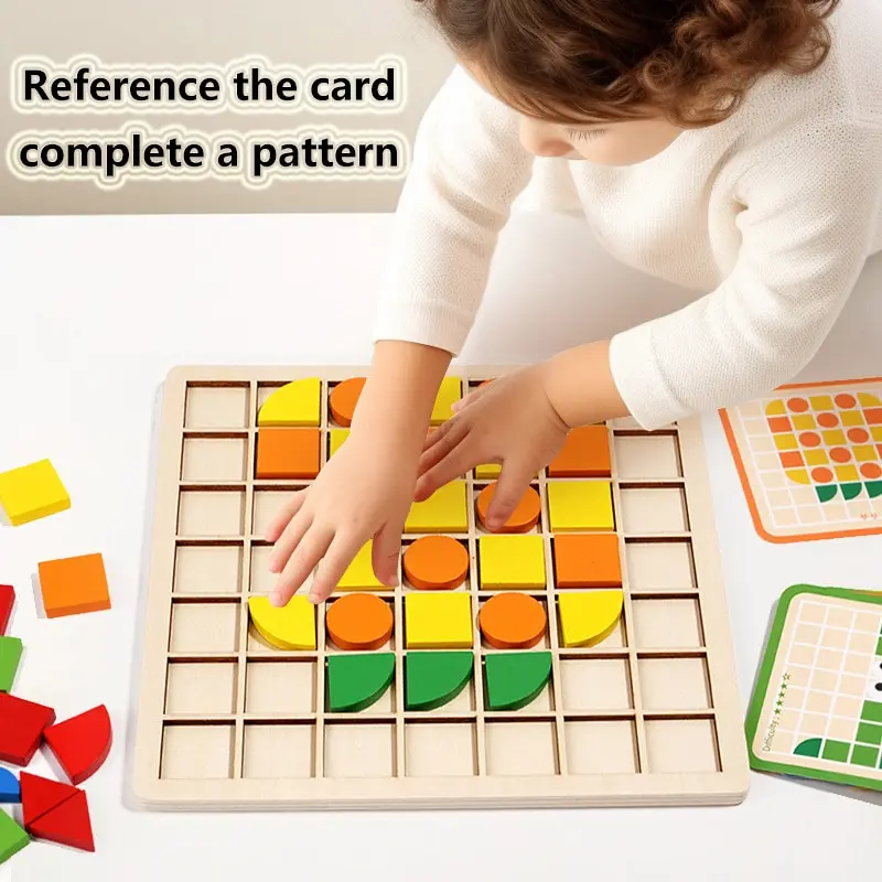 Wooden Mosaic Puzzles Geometric Shapes Building Blocks Pattern With Design Cards Kindergarten Classic Educational Shape Puzzle_voghion.com