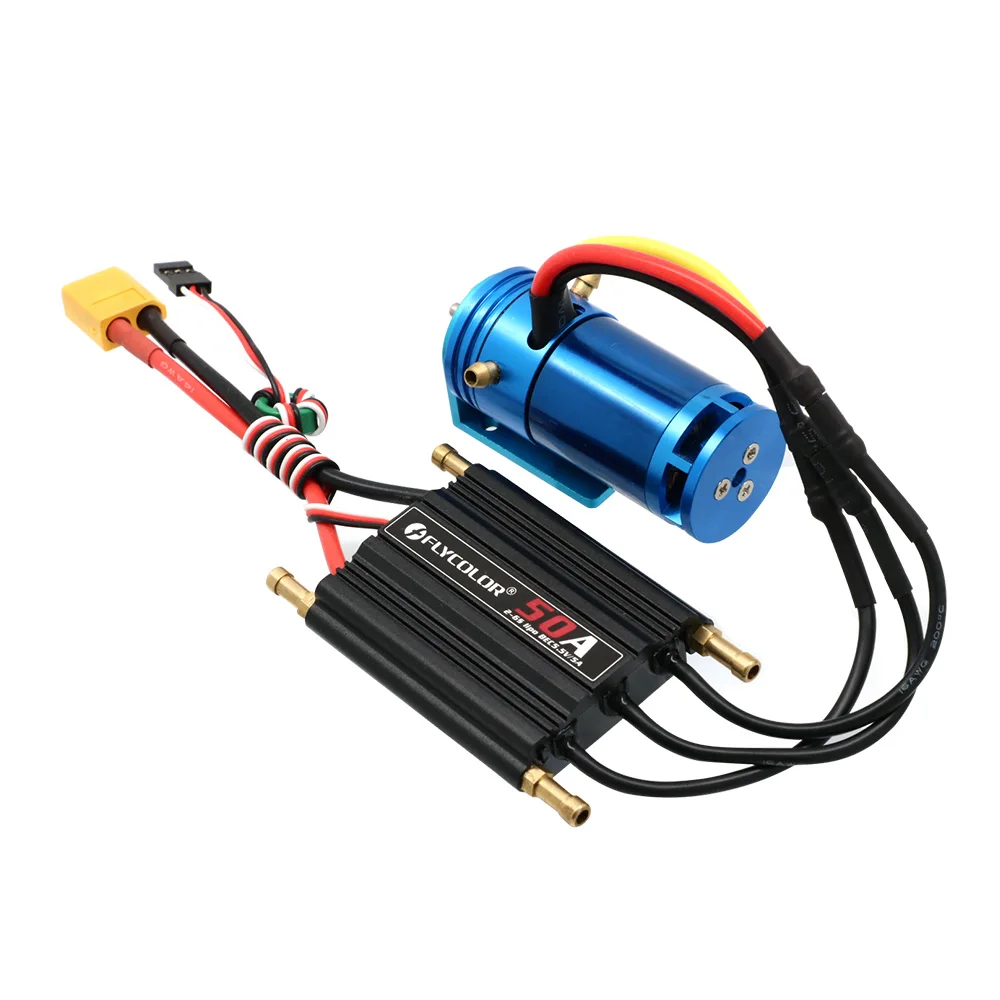 Kit complet Moteur Brushless 2862 2800KV et ESC 50A pour Bateau RC, présenté avec accessoires.