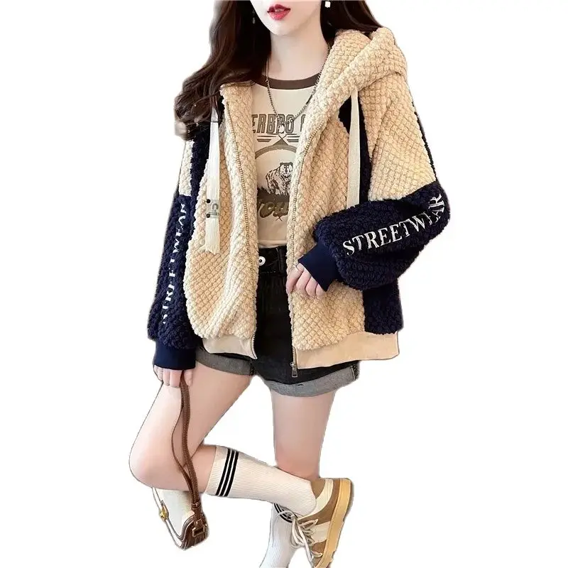 

Fleece Stitching Jacket Women's Autumn And Winter New Korean Version Of Loose Slim Hooded Fashion Cashmere Leisure Warm Coat Tid