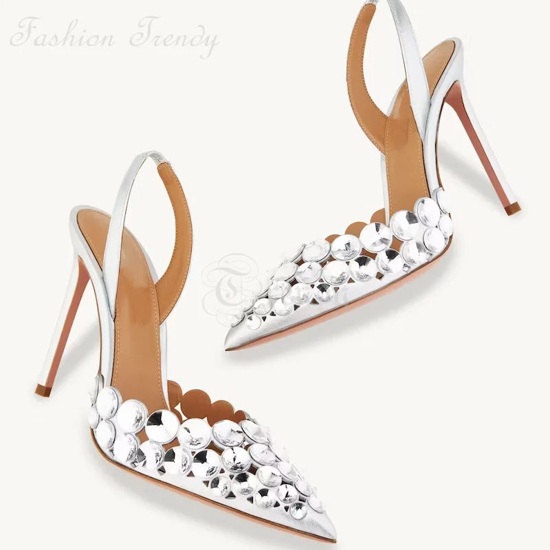 

Woman Silver Crystal Silk Heels White Satin Pointed Toe Stiletto Sandals Elegant Sequin Dress Sexy Slingback Pump Hot Bling Shoe