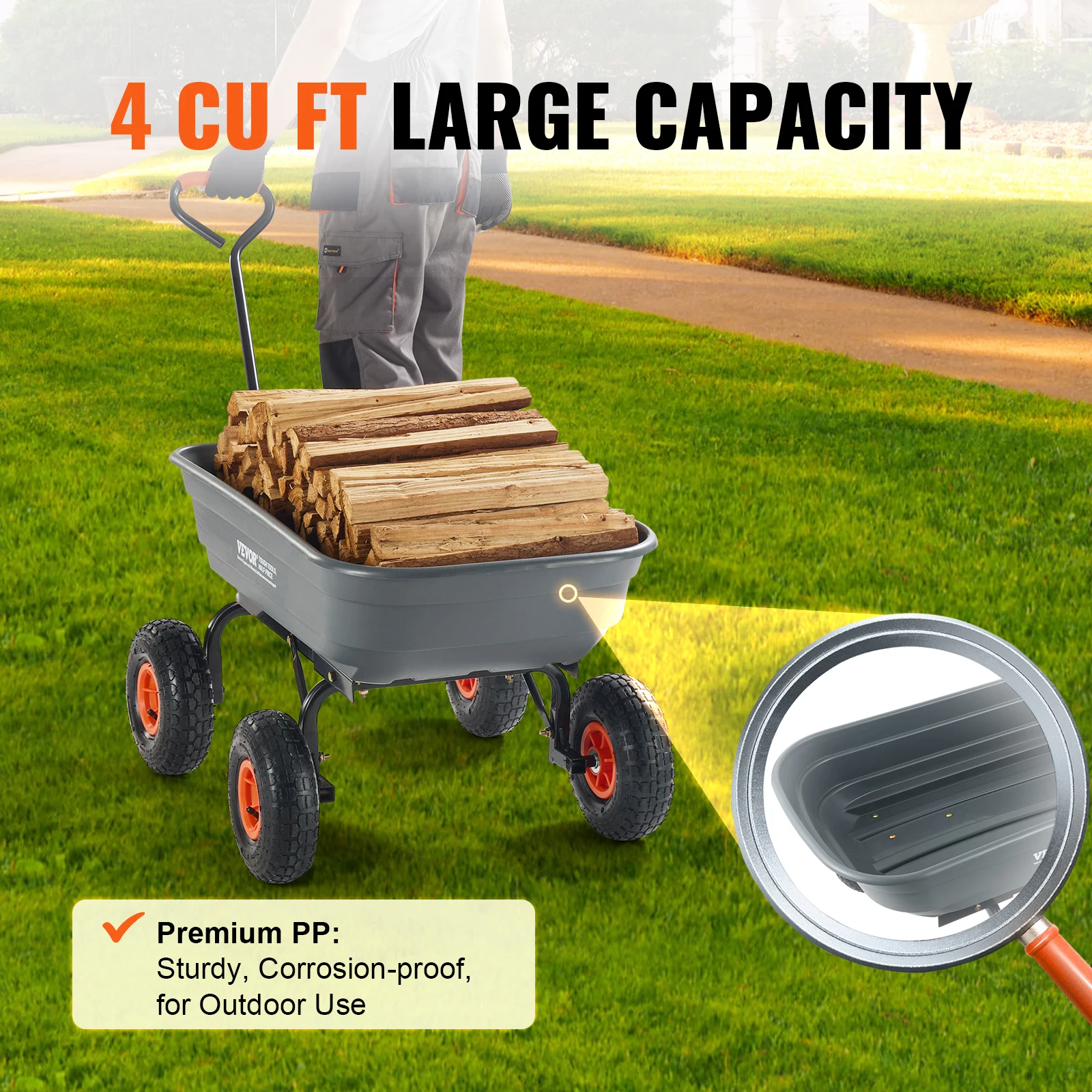 VEVOR Dump Cart Poly Garden Dump Cart with Easy to Assemble Steel Frame Wagon with 2-in-1 Convertible Handle Safe Transport