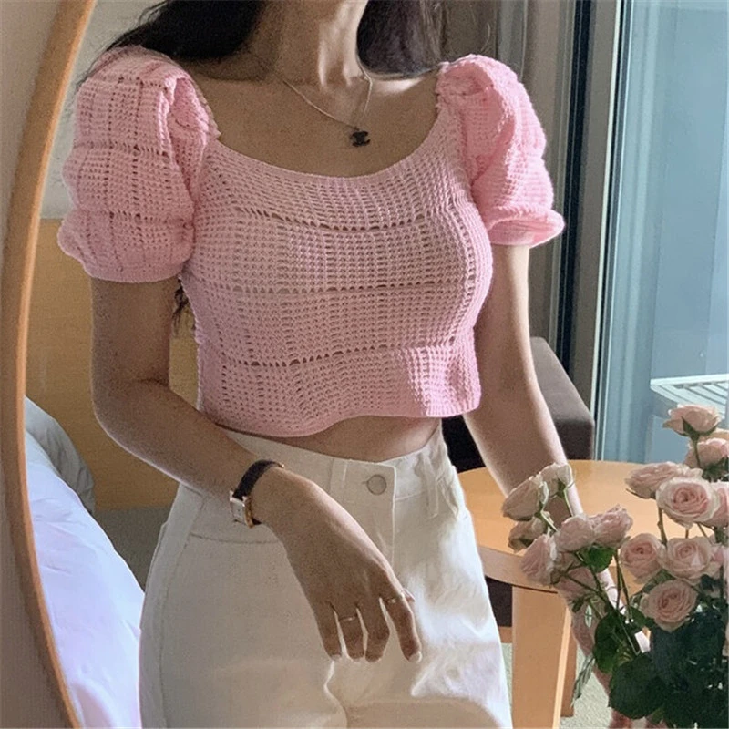

Summer Square Neck Pullover Bubble Sleeve Short Solid Knit Top