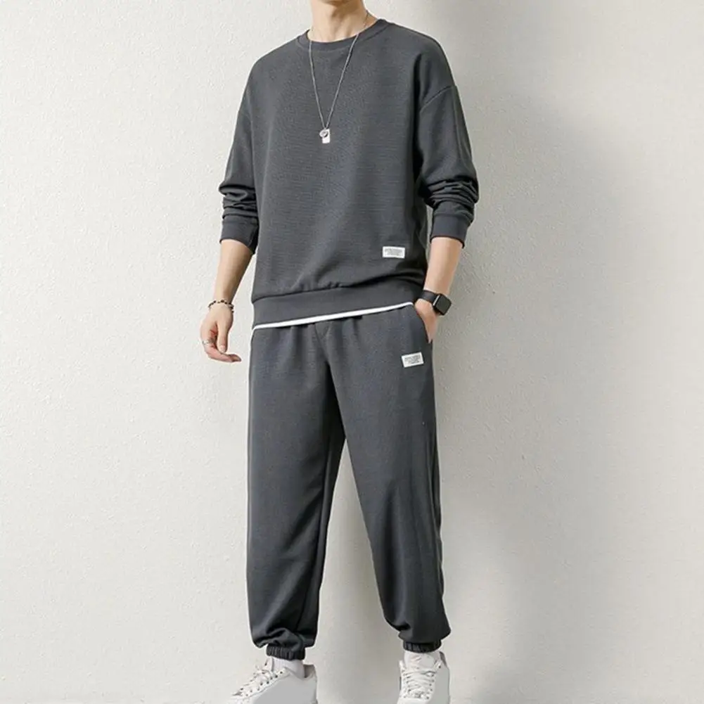 Men Two-piece Set Men's Waffle Texture O-neck Long Sleeve Tops With Elastic Waist Pockets Sweatpants Solid Color For Spring 2pcs set o neck short sleeve casual outfit elastic waistband drawstring pockets men patchwork color t shirt jogging pants set