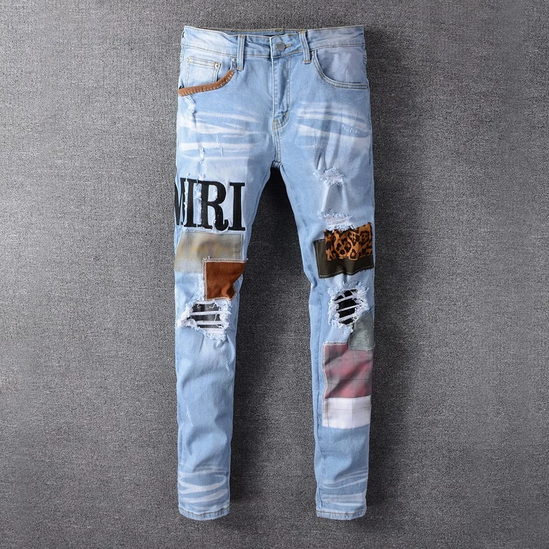 

Fashion Patch Ripped Blue Jeans Men Slim Fit Designer Washed Denim Jeans Trousers Men Hip Hop DJ Party Jeans Punk Rock Pants