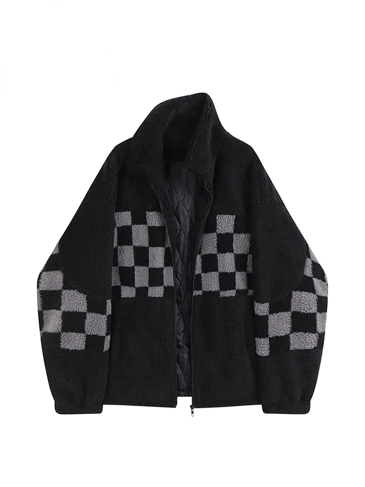 

Women Plaid Patchwork Lamb Wool Thickened Jacket Casual Tops Warm Oversized Gothic Clothes Female Jackets Ins Street Teddy Coats