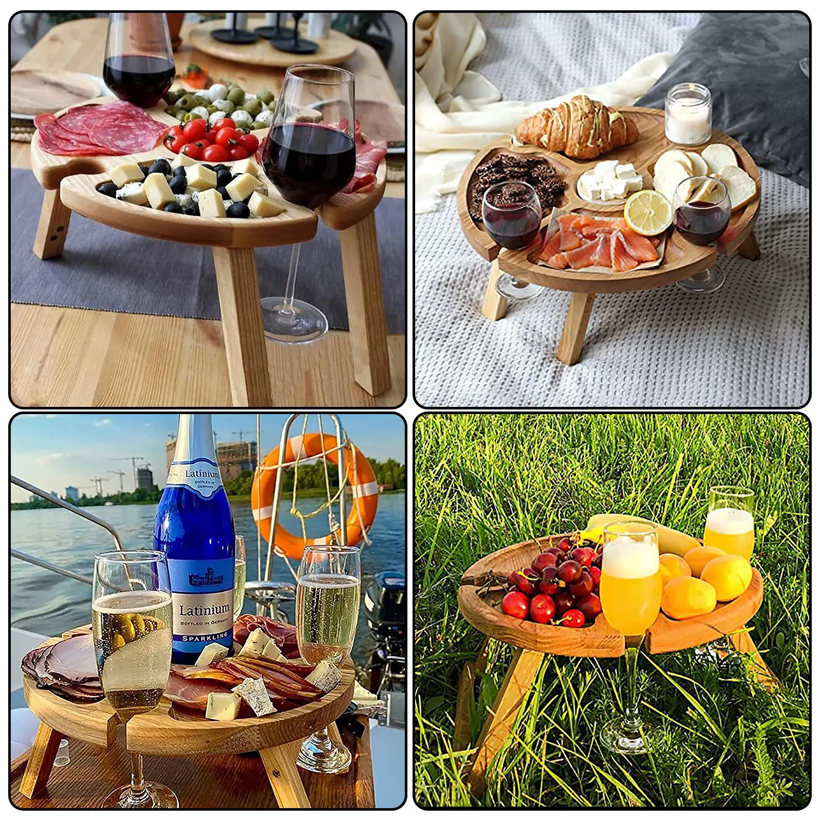 Wooden Outdoor Portable Folding Wine Picnic Table Camping Cheese Board Tray Foldable Snack Table Wine Rack Tourist Fruit Table 3