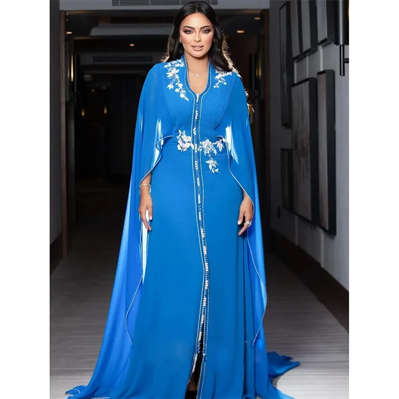 

Elegant Blue Muslim Evening Dresses with Cape V Neck Front Split Appliques Arabic Dubai Evening Gown vestidos de novia