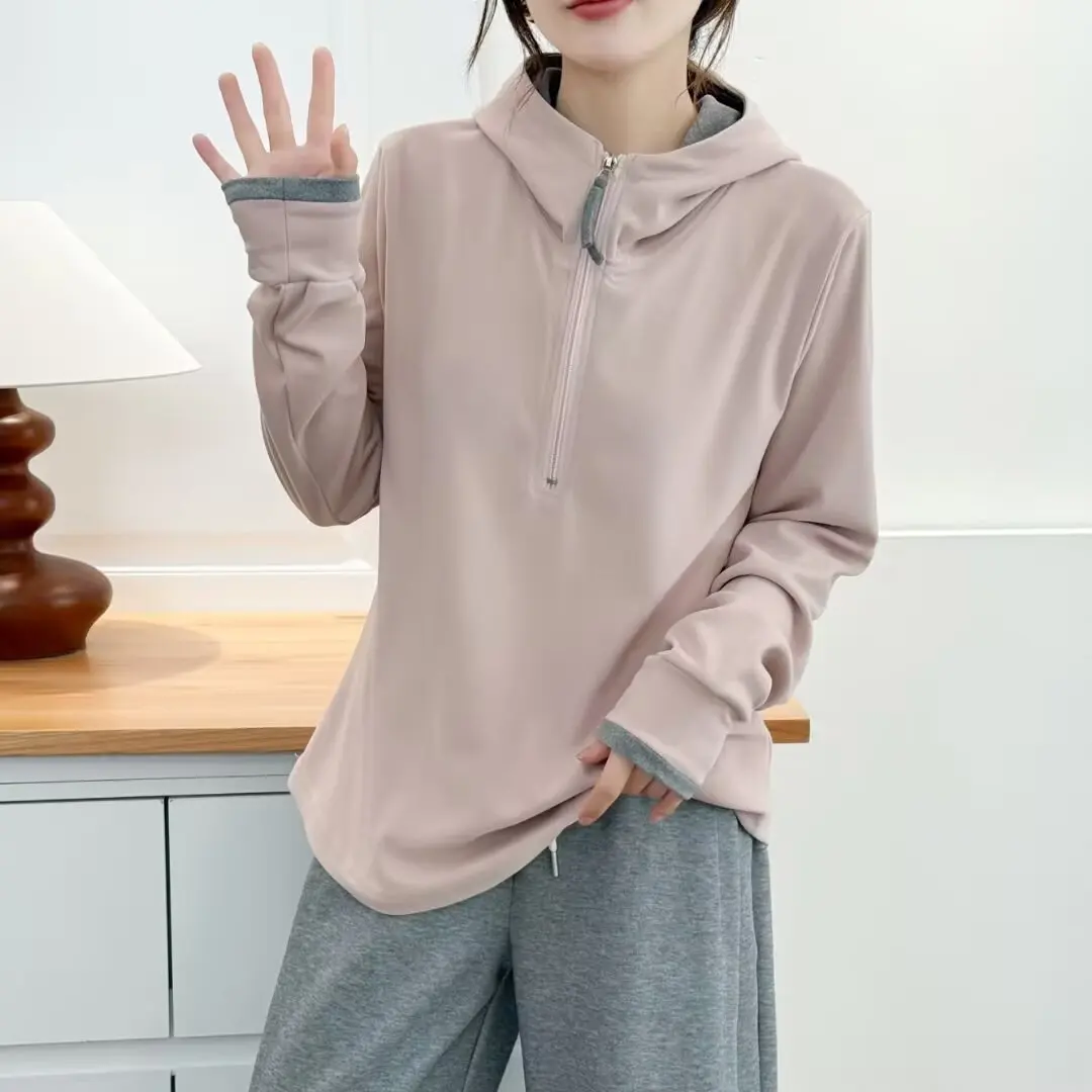 XXXXL Fashion Plus Size Women's Hoodies 2025 Antumn Winter color-blocked Zipper half-open Hooded long-sleeved Sweatshirt 2583