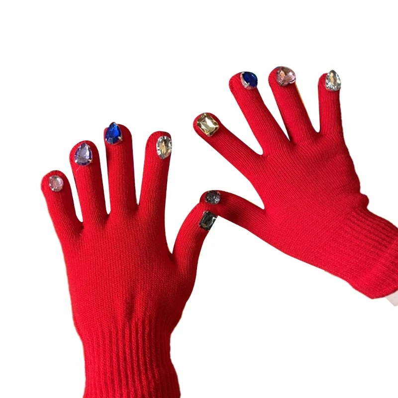 thumbnail image 2 of Buy Women Luxurious Rhinestones Winter Gloves Touchscreen Fleece Lined Mittens With Rabbit Fur Cuffs At 2 of 11