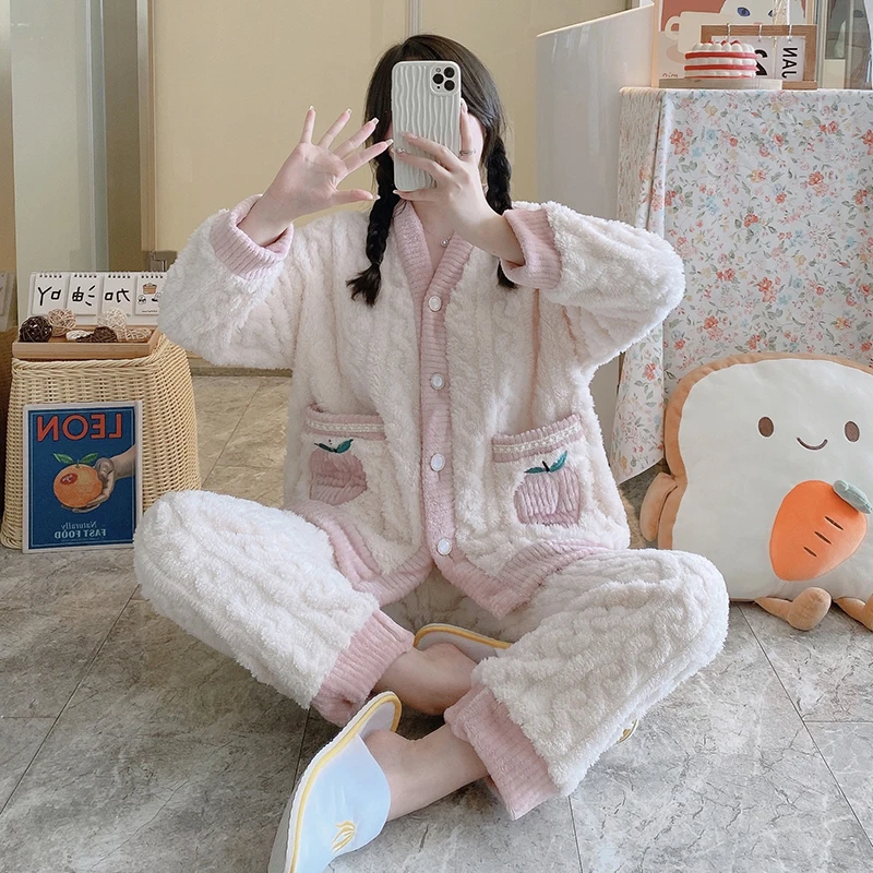 

Women Fashion Thick Pajamas Plush Winter Warm Sleepwear Lovely Solid Color Home Suit Set