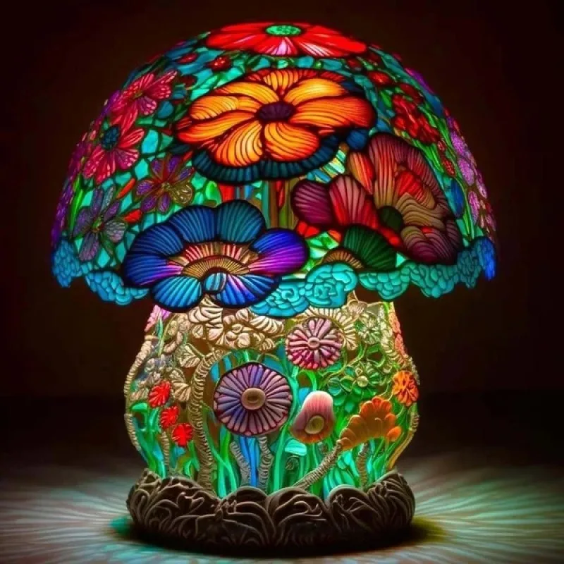 

Flower Mushroom Vintage Stained Glass Plant Series Table Lamps Mushroom Snail Octopus Resin Colorful Ornament Desk Decoration