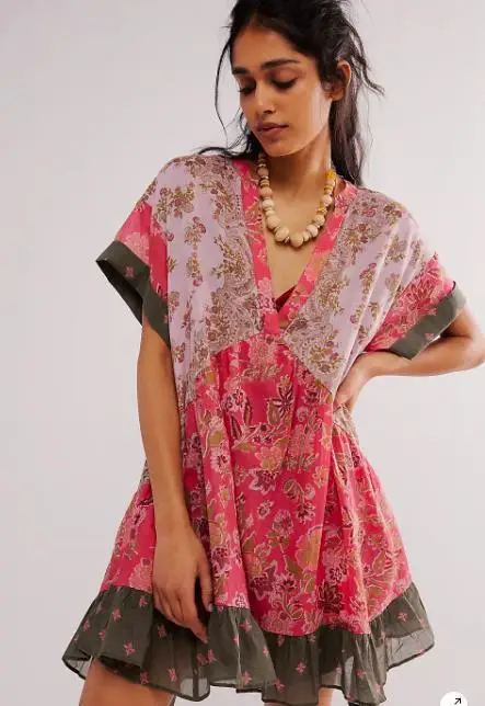 2025 صيف جديد موضة بوهو فستان نسائي ريترو اللون طب...