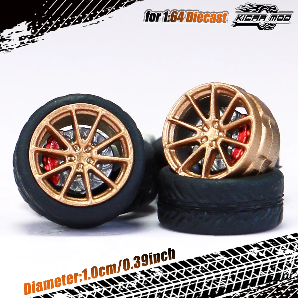 Kicarmod 1/64 Model Car ABS Wheels with Rubber Tire Brake Disc Refitting Parts Diameter 10mm For Model Car Tomica MINI GT
