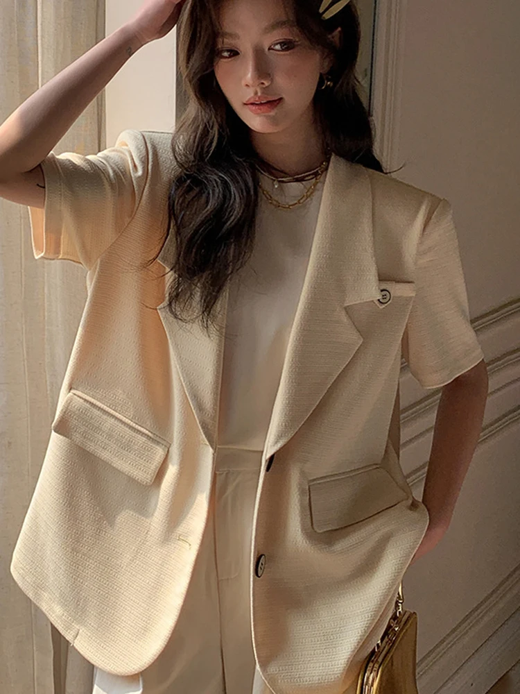 BZVW Minimalism Short Sleeve Blazers For Women Single Breasted Loose Jackets Fashion Coats Yellow 2024 Summer New 25X4083