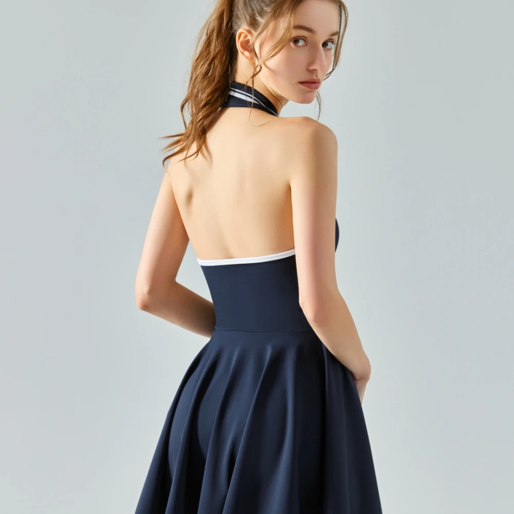 Alo Hanging Neck Contrast Lapel Sports One Piece Dress Yoga Tank Top with Chest Pad Polo Collar Tennis skirts Sports Gym Suit