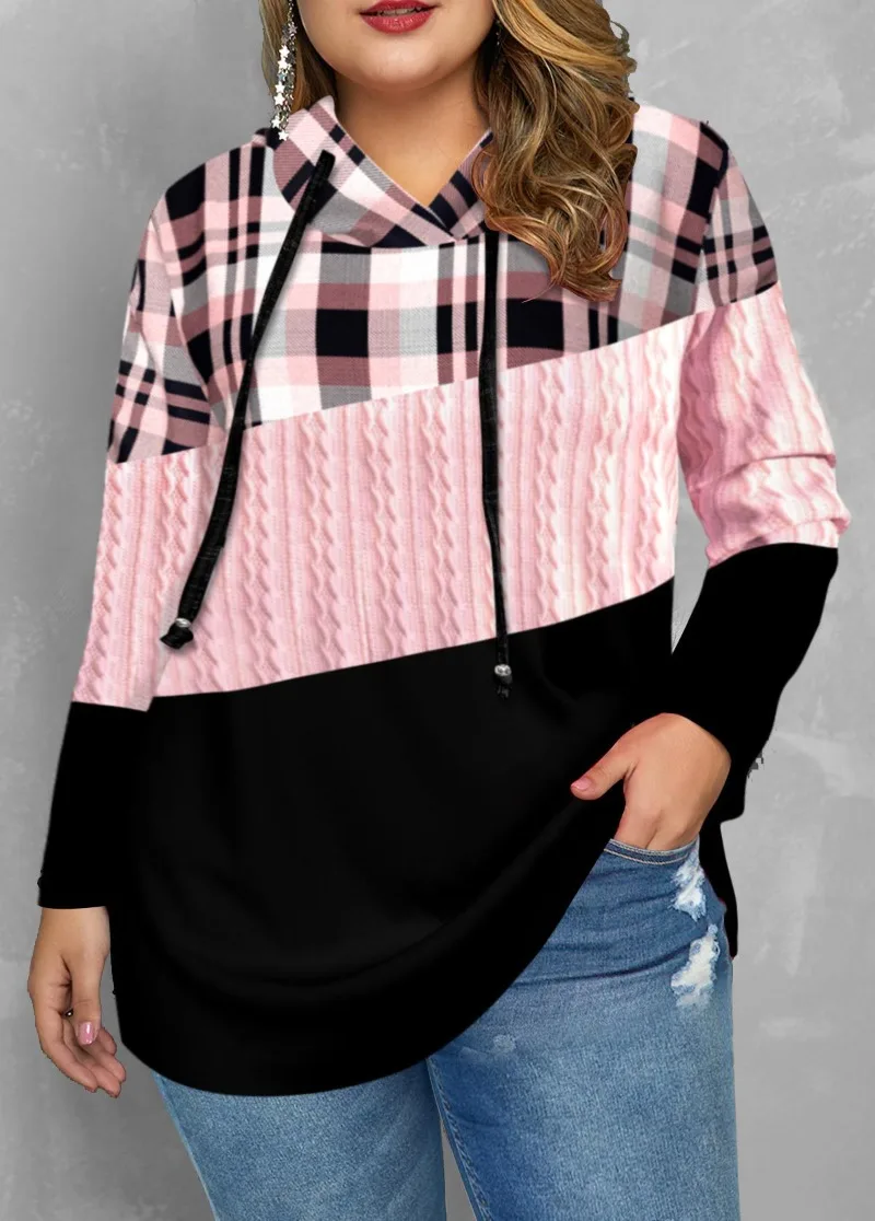 

Women Plaid Print Hooded Sweatshirts Autumn Hoodie Long Sleeve Pullover Tops Y2k Ladies Casual Drawstring Contrast Outwears 후드티