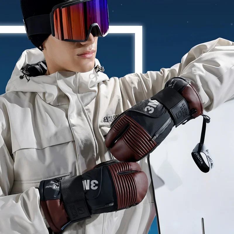 Three-finger Ski Gloves Windproof Waterproof Wear-resistant Warm Gloves Built-in Wrist Guards Velvet Winter Motorcycle Gloves 3