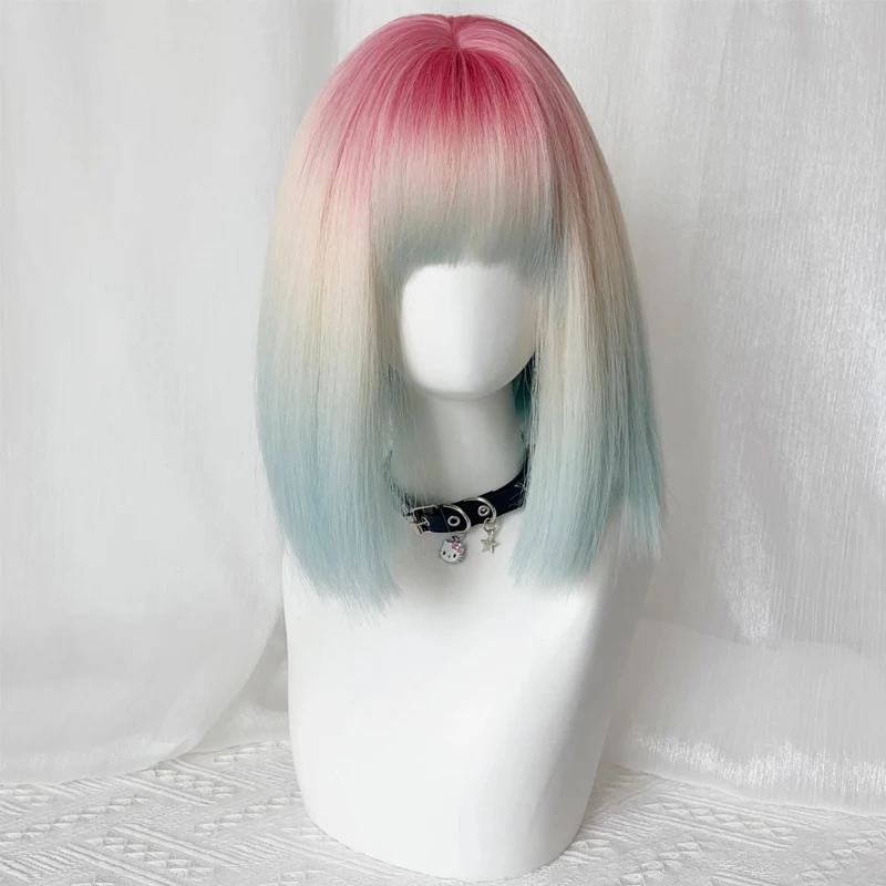 Synthetic Gradient Color Wig Women Wigs 13inch Short Straight Bob Hairstyle with Hair Bangs for Women Halloween Christmas Party