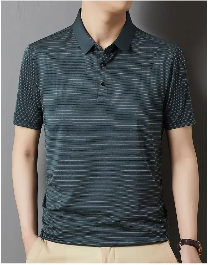 Dad's Top Summer Ice Silk Men's Thin Versatile Breathable Striped POLO Shirt Dad's Casual Short-sleeved Top 16 S7424051ec31946d9b33b324889bcf7618