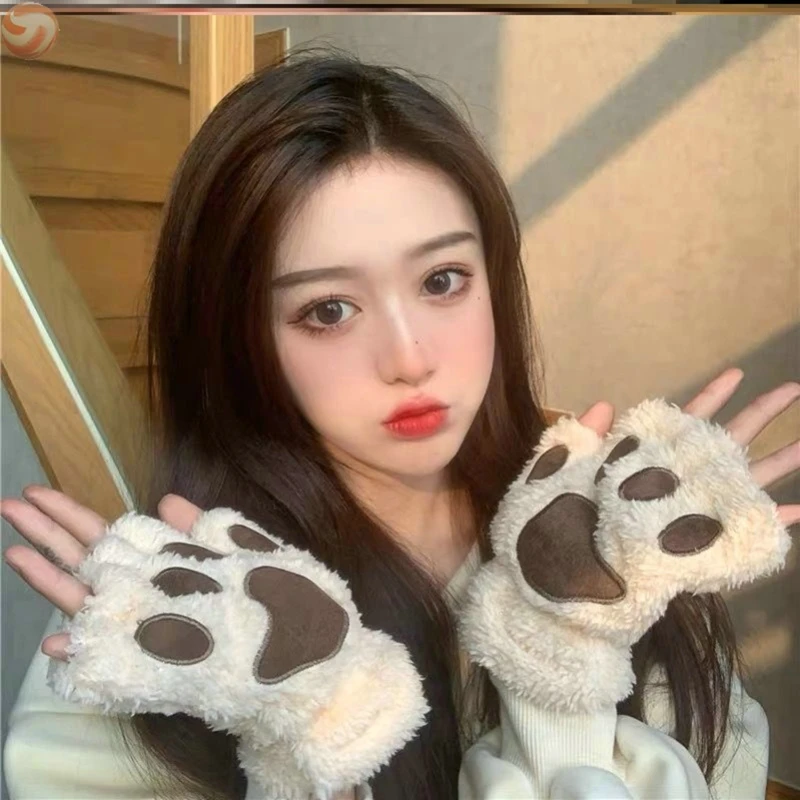 

Kawaii Cat Claw Paw Plush Gloves Women Winter Warm Fingerless Gloves Fluffy Bear Cat Mittens Costume Half Finger Mittens Xmas