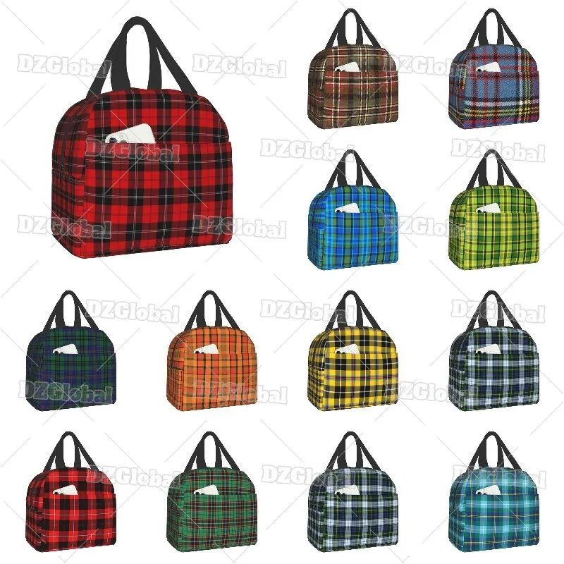 

Scottish Clan Tartan Portable Lunch Boxes for Women Check Plaid Thermal Cooler Food Insulated Lunch Bag School Children Student