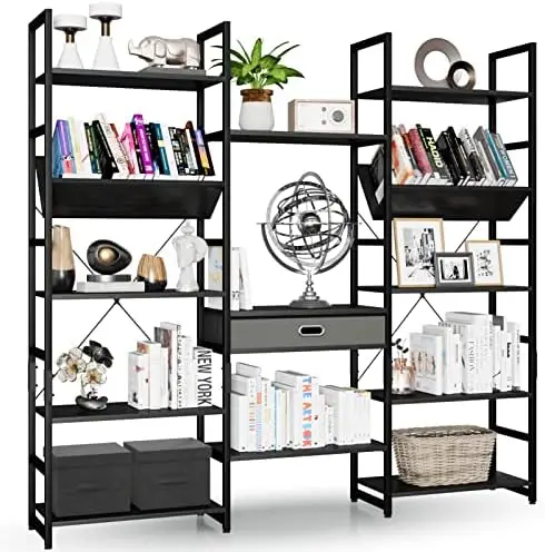 

Wide 5 Tier Bookshelf, Adjustable Rustic Industrial Style Book Shelves, Modern Bookcases and Bookshelves Furniture for Bedroom,