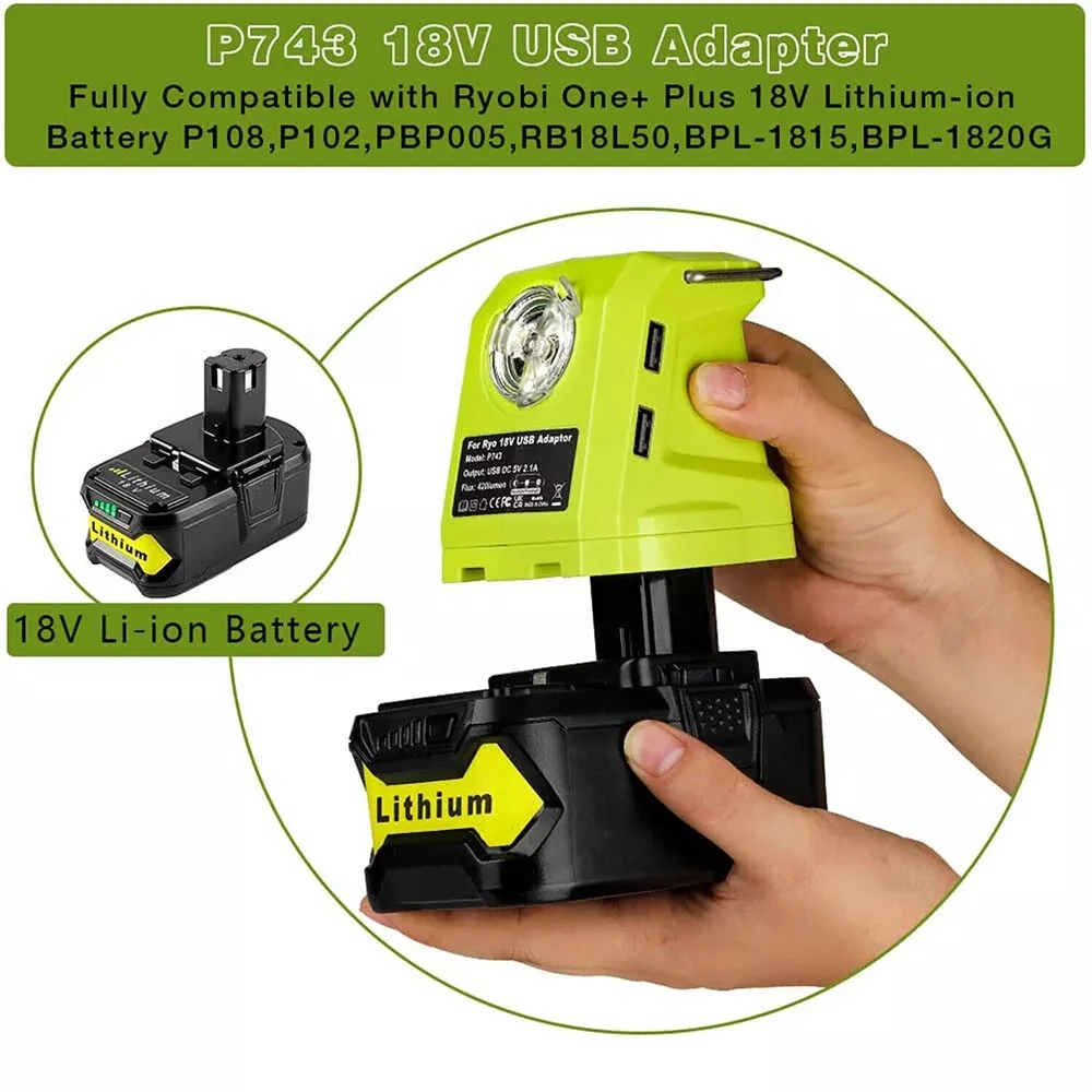 Portable Spotlight LED Work Light For RYOBI 14.4V-18V Li-ion Battery Dual USB Ad