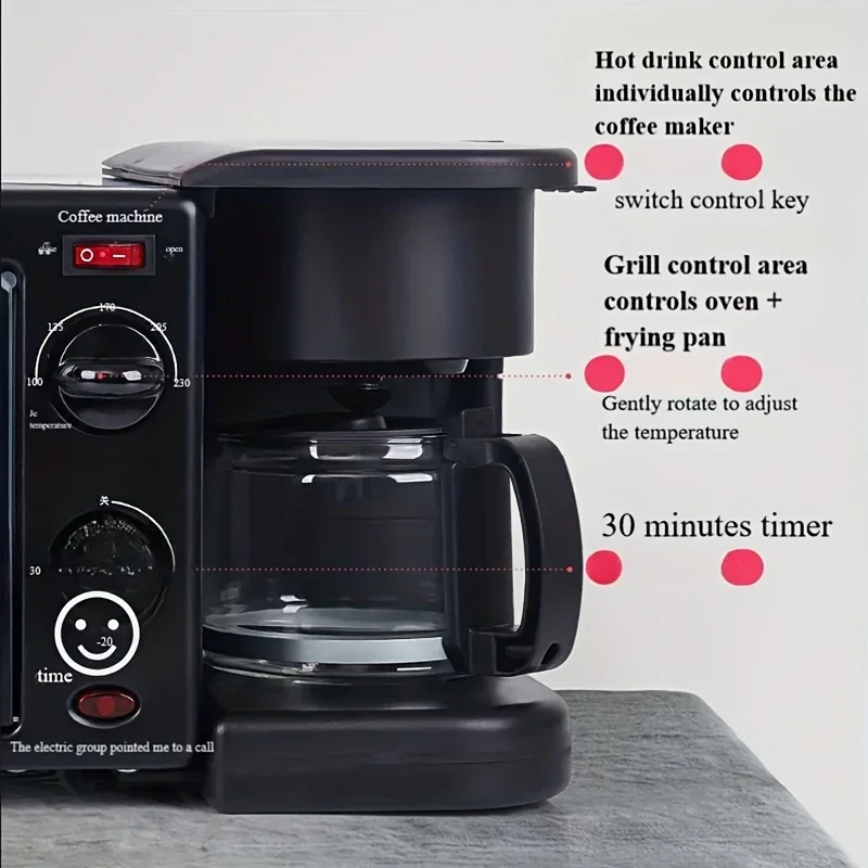 3-in-1 Breakfast Maker Home Mini Electric Oven Bread Maker,600ml Drip Coffee Machine,Non Stick Pan Fry Pan,Can Fry Grill Steak 4
