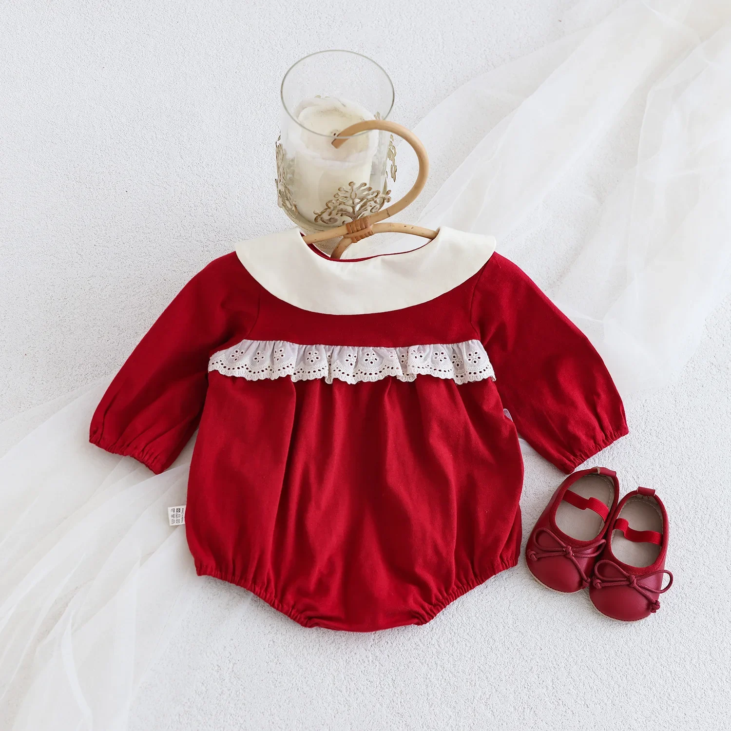 Red Doll Collar Long Sleeve Baby Romper for Spring Autumn Newborn 100 Days Old Girls Clothes Cotton Onesie Baby Outfit