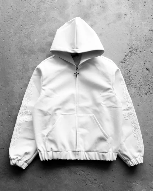 American Retro Autumn and Winter High Street Hip Hop Punk 3D Printed Zipper Hooded Jacket Y2K Motorcycle Men Leather Jacket 1