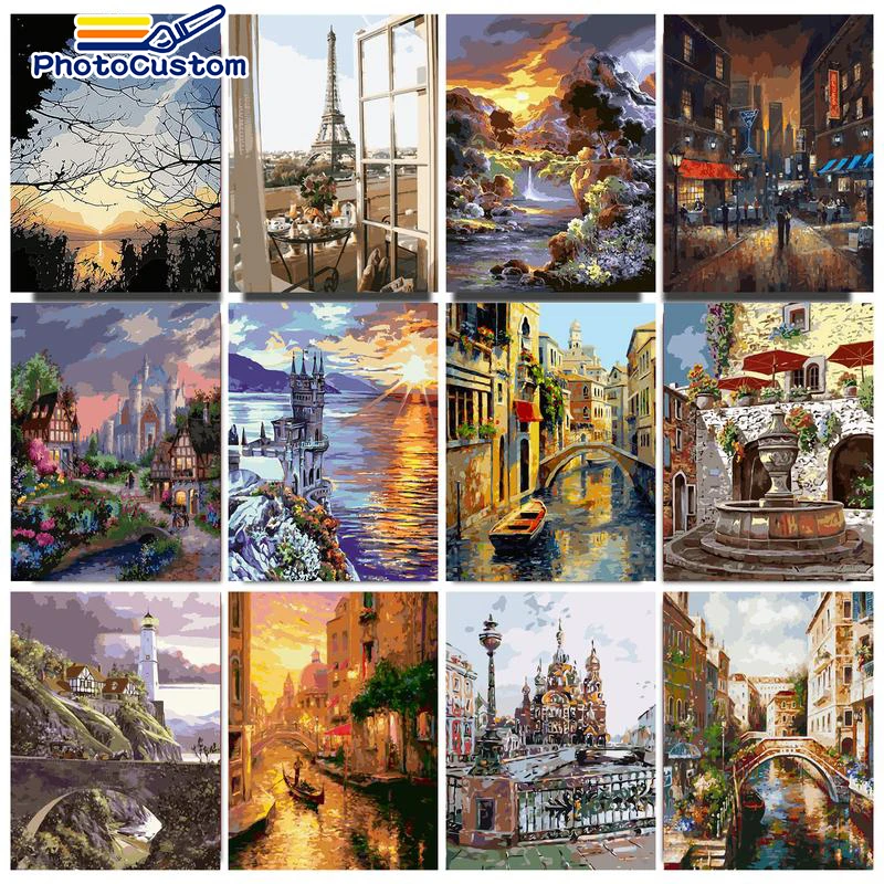 Photocustom 60x75cm Diy Oil Painting By Numbers For Adults Street Scenery Paint By Numbers On
