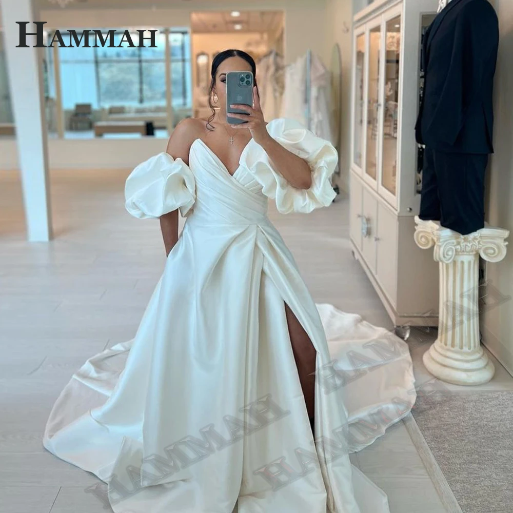 

HAMMAH A Line HIgh Slit Wedding Dresses For Mariages Elegant Pleats V Neck Short Puff Sleeve Satin Vintage Brush Train Zipper
