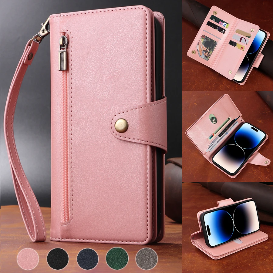 

Wallet Rivet Buckle Zipper Leather Case For iPhone 15 Plus 14 Pro Max 13 Pro 12 Pro Max 11 Pro SE 2022 X XR XS Max 8 7 6 6S Plus