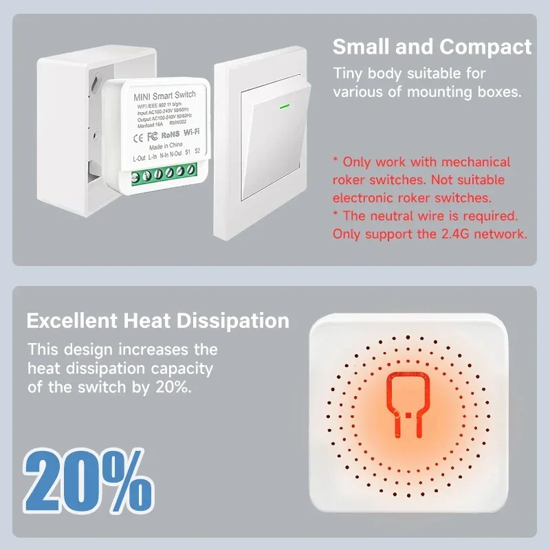 WiFi Smart Home Switch Wireless 16A/20A Relay Module Remote 2-Way Control App Voice Control Timer Alexa Google Home AC100-240V