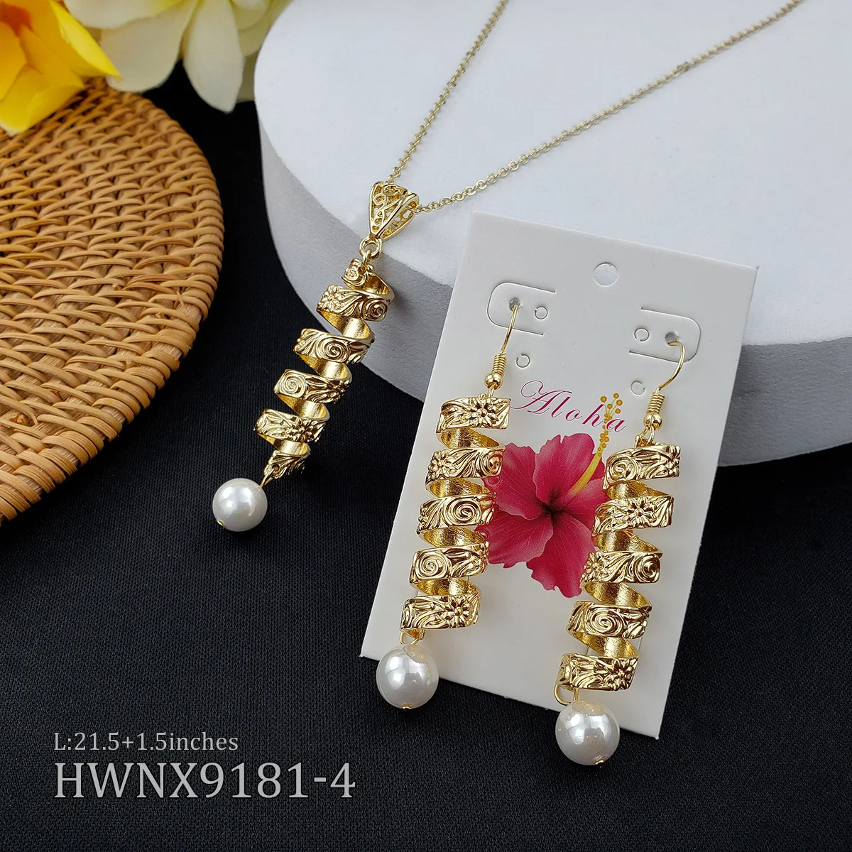 Hawaiian Scroll Tube Plumeria Flower Pendant Jewelry Set Spirale Hamilton Collana In Oro Con Perle Di Conchiglia
