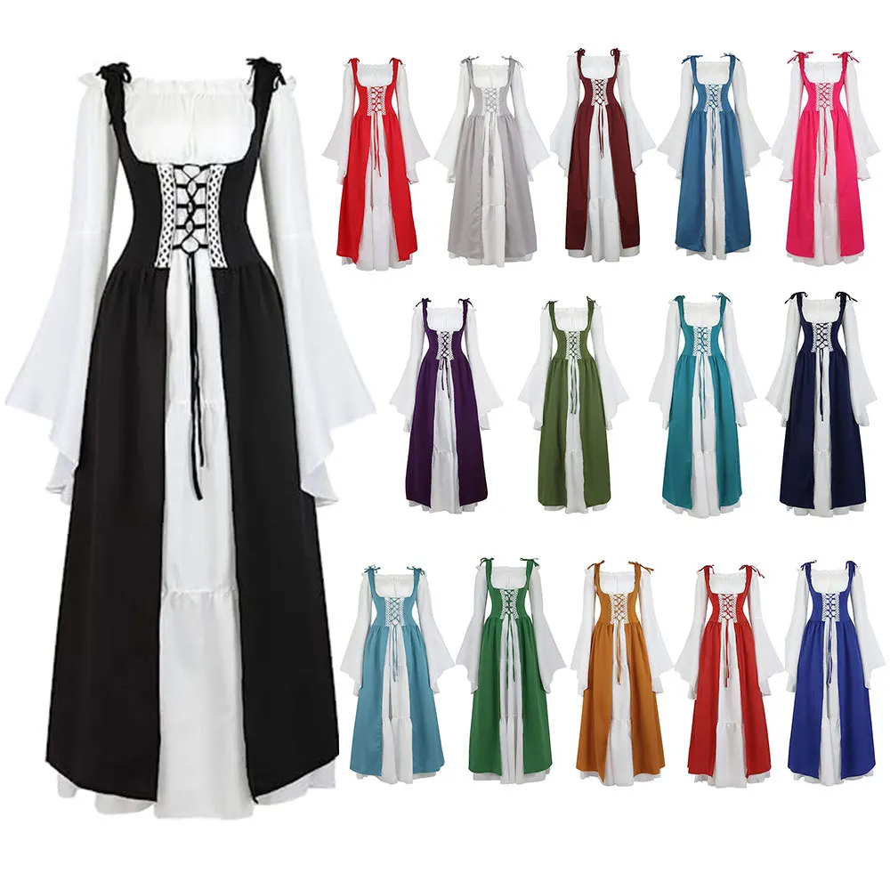 

Halloween Fashion Dresses Oktoberfest Costume Women Renaissance Medieval Dress Irish Vintage Bandage Patchwork Dress Cosplay