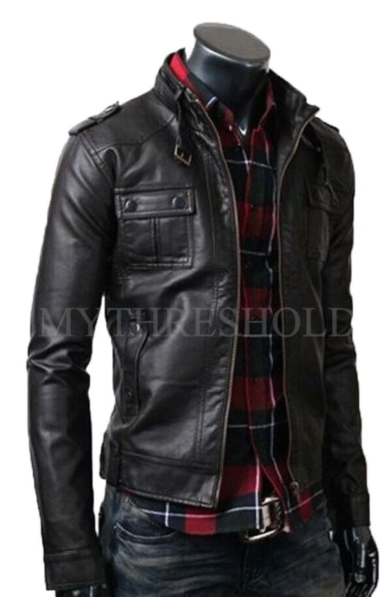 Men Leather Jacket Biker Vintage Motorcycle Rider Slim Fit Black Real Coat Genuine Leather Men Outwear