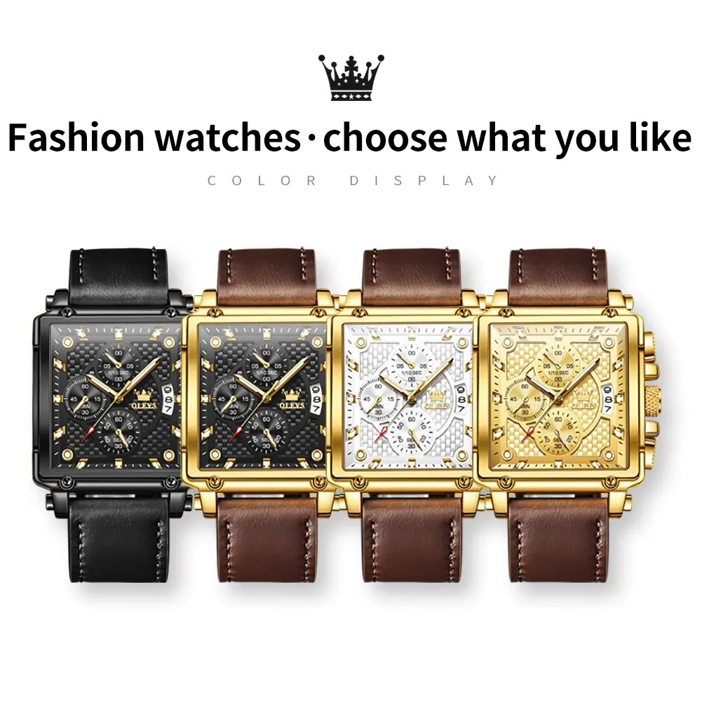 OLEVS Quartz Watch for Men Luxury Square Dial Breathable Leather Strap Waterproof Luminous Fashion Sport Men's Wristwatch Reloj
