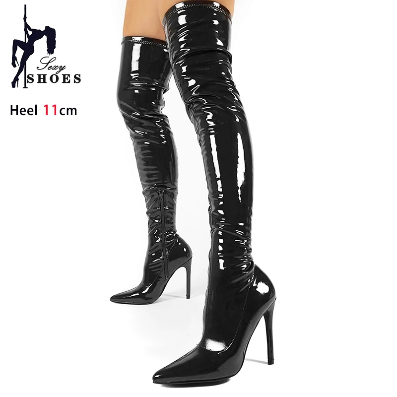 Black Long Boots For Women Sexy Stiletto Over-the-knee Strippers Shoes Club Pointed Toe Heels Elastic Patent Leather Thigh Boots