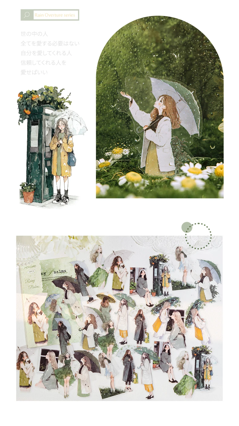 JIANQI 30 Stück/Packung Regenmädchen-Aufkleber, ästhetische Stick-Etiketten, dekoratives Tagebuch, Albummaterial, Scrapbooking-Zubehör – Detail 8