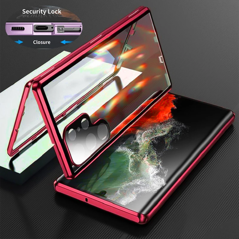 thumbnail image 1 of Funda de vidrio de doble cara de Metal con cierre a presión, protección completa 360 para Samsung Galaxy S24, S23, S22 Ultra, S23FE 23 +, cubierta de protección de lente, 1 of 5