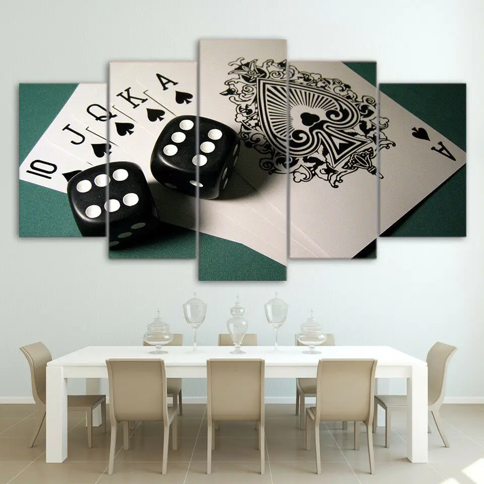 

No Framed 5Pcs Playing Cards Dice Poker Casino Gambling Paintings Canvas Pictures Wall Print Posters for Living Room Home Decor