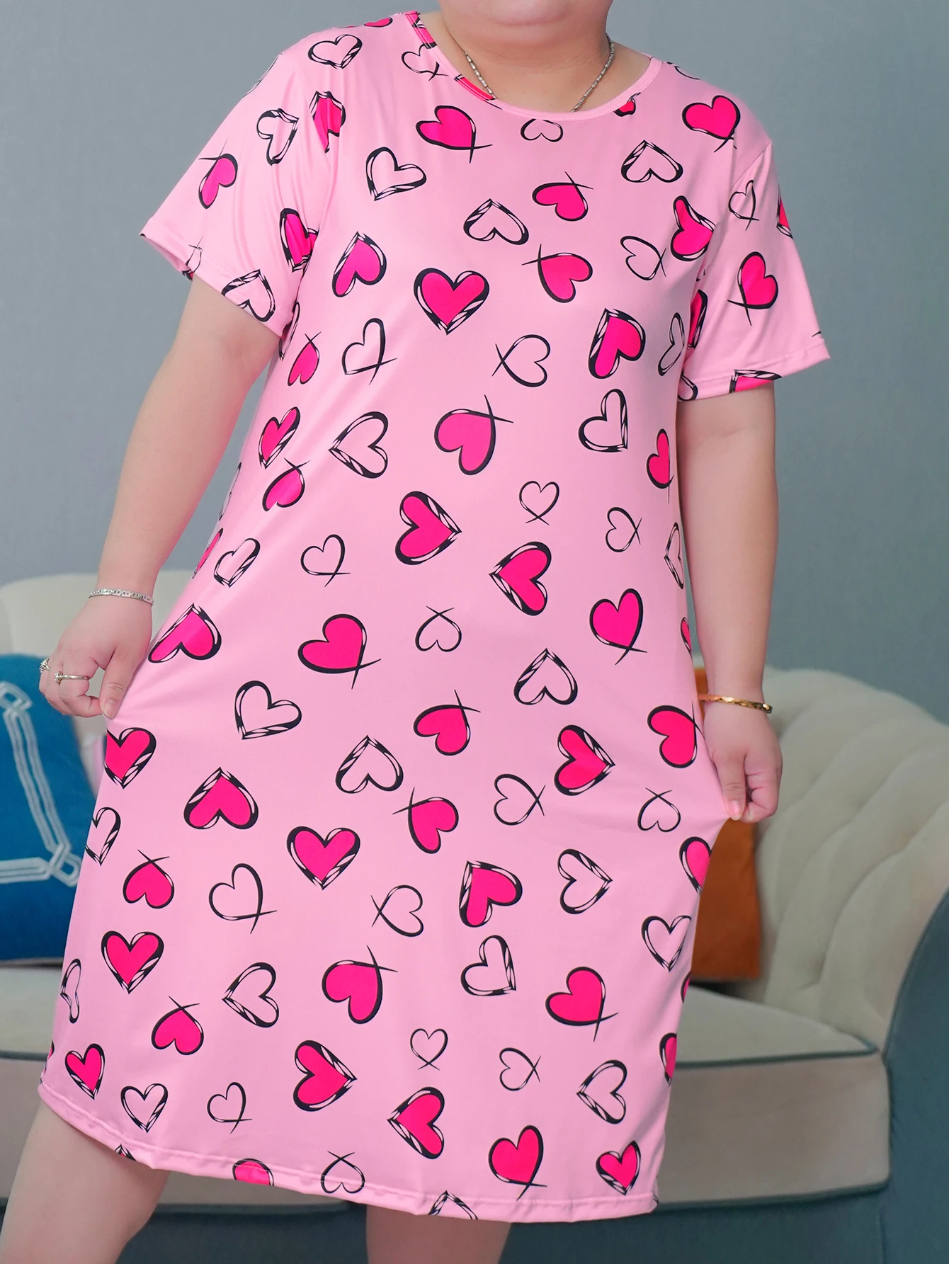 Plus Size Dress Over Knee Love Picture Home and Casual Wear Both Plus Size 1-5XL 2024 New Dress