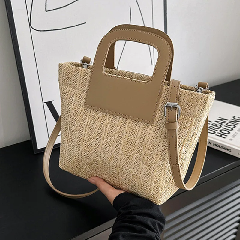 

Соломенная пляжная сумка, винтажная плетеная сумка-мессенджер через плечо для женщин, летняя сумка-тоут в богемном стиле, сумка-Кроссбоди из рафии