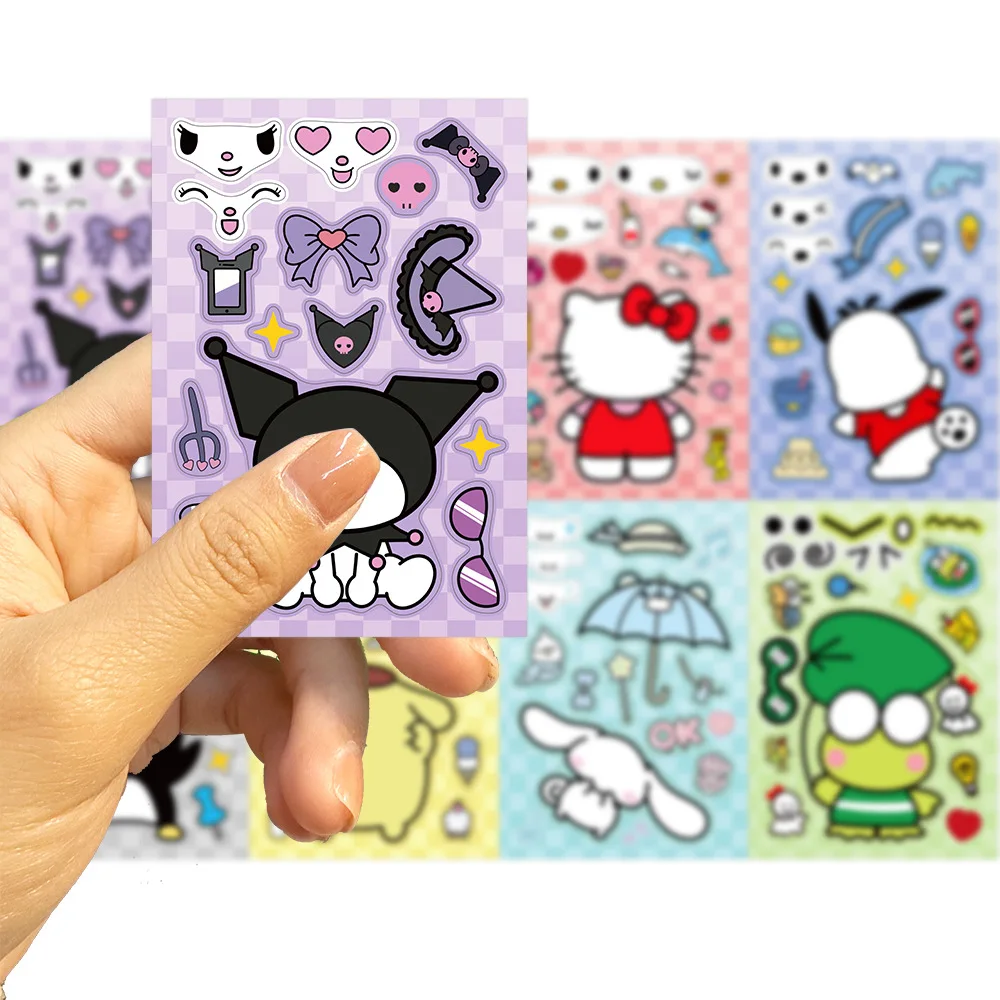 8/16 시트 어린이 Make-a-Face 퍼즐 스티커 Sanrio 헬로 키티 Kuromi 멜로디 어린이 DIY 조립 퍼즐 게임 어린이 장난감 파티