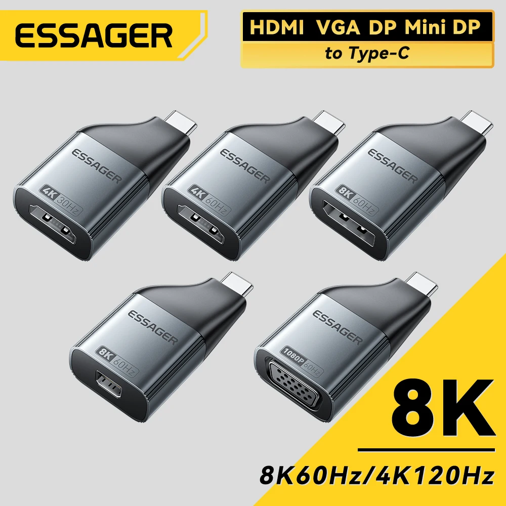 USB Type-C Adapter Essager to HDMI DP VGA Mini DP 4K@120Hz 8K@60Hz HD Video Transmission Converter for MacBook TV Box PC Laptop
