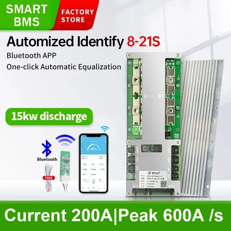 Jbd Bms 16S 48V Lifepo4 200A Smart Bms Batteria Al Litio Identificazione Automatica 8-21S Bt Uart Rs485 Canbus Funzione Interruttore Sensore Temperatu